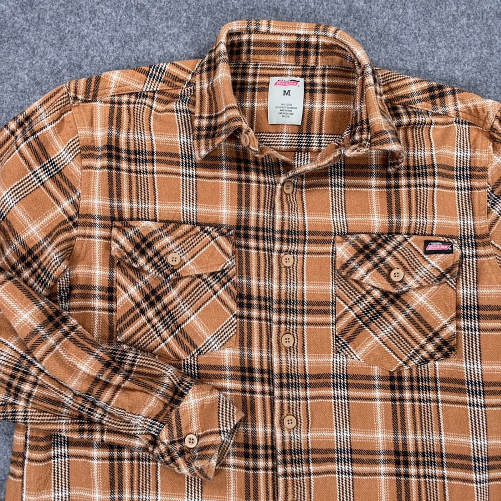 Genuine Dickies Mens Brown Plaid Long Sleeve Cotton Flannel Shirt Medium